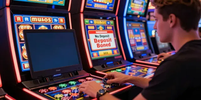 Joueur profitant d'un bonus sans dépôt casino sur un ordinateur portable entouré de machines à sous colorées.