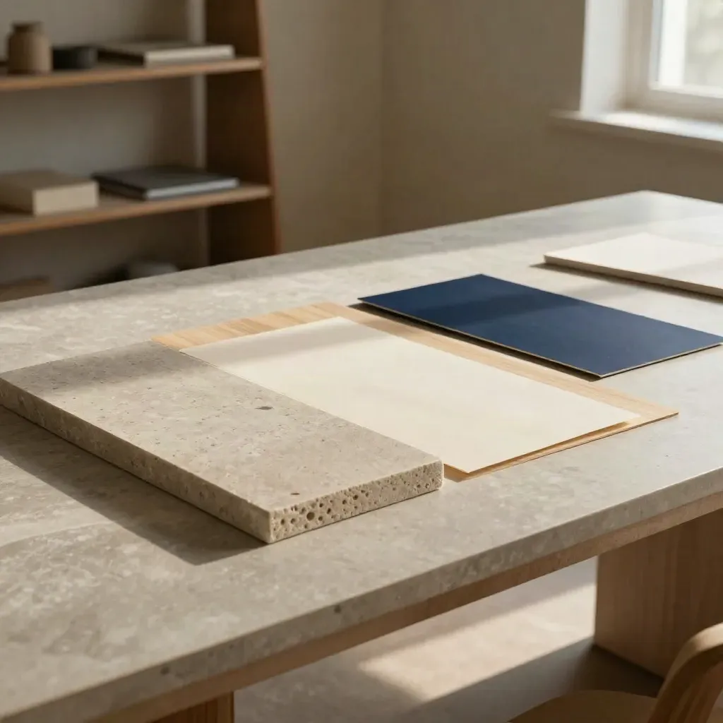 Échantillons de pierre, lin, papier et bois sur une table d’atelier, lumière du matin.