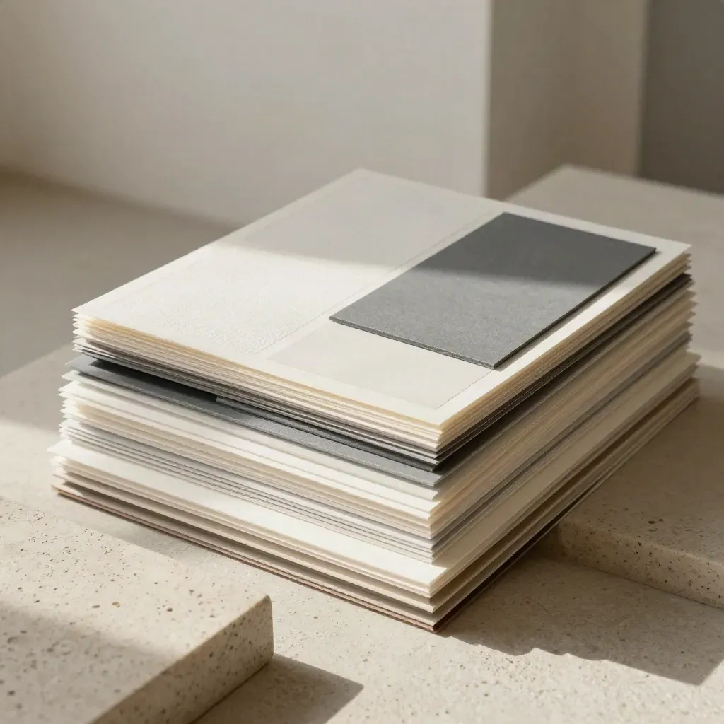 Planches de matières et papiers empilés, ombres nettes et palette gris ardoise.