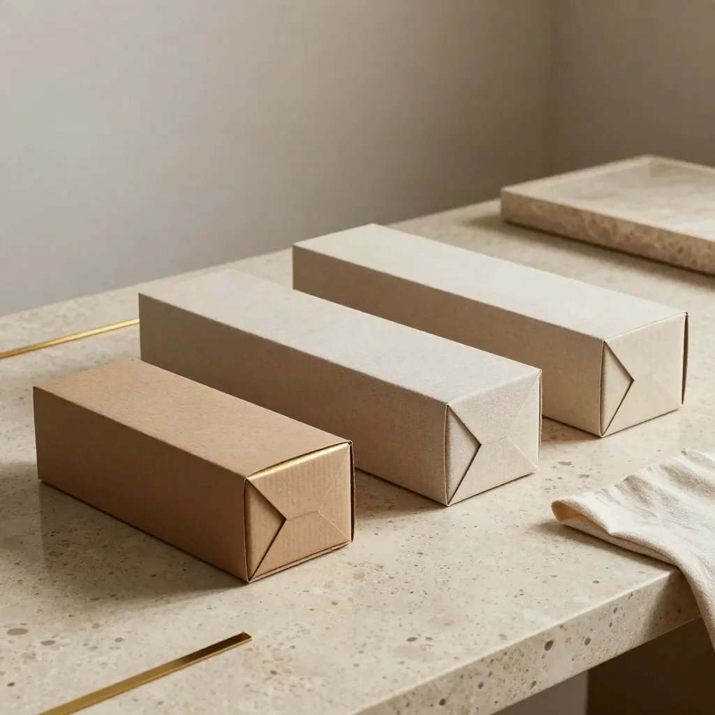 Trois prototypes de nom de marque sur travertin, l’un retenu, deux écartés, lumière dorée.
