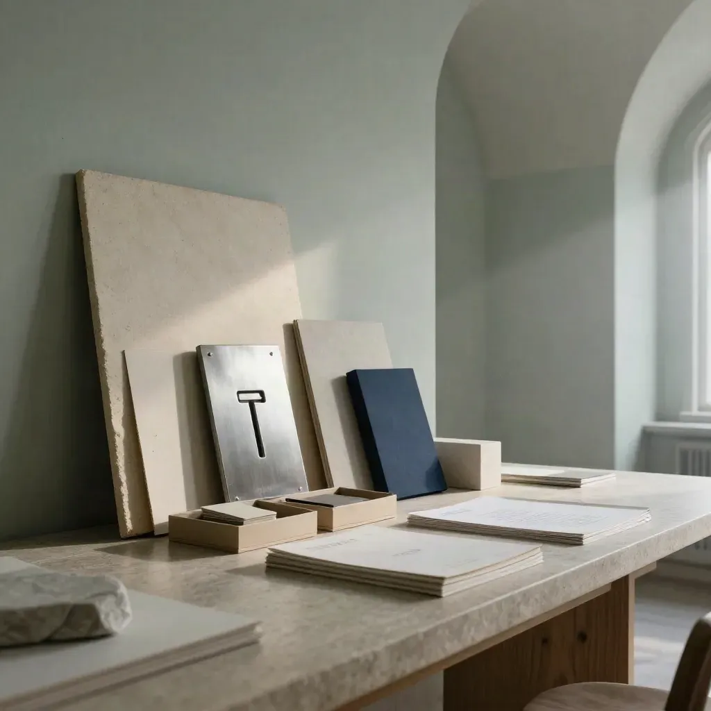 Atelier de branding en pierre claire avec planches papier coton, logo métal et charte fermée.
