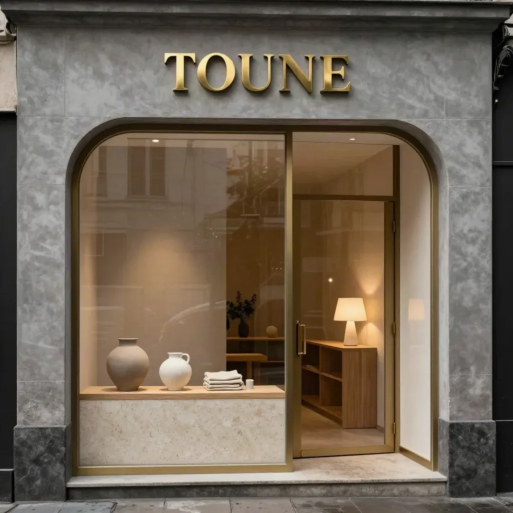 Façade élégante d’une boutique déco au nom raccourci, intérieur minéral et vitrine épurée.