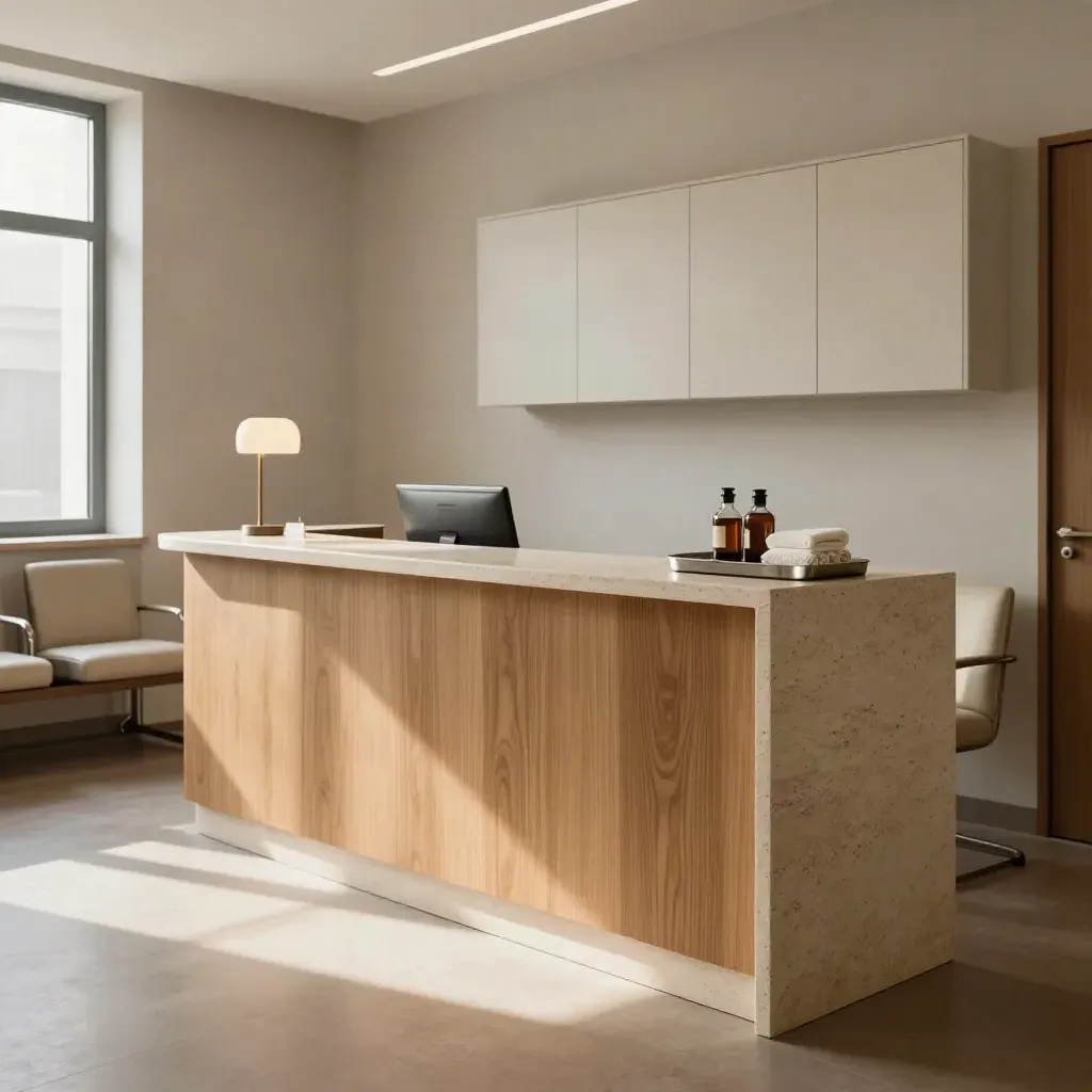 Réception de cabinet médical rénové en bois blond et pierre claire, fauteuils vides sous lumière douce.