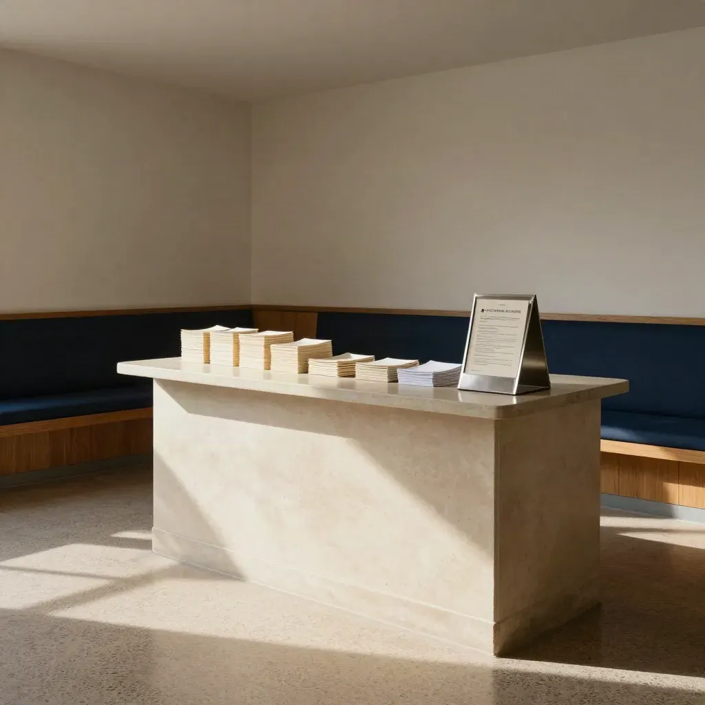 Hall de mairie calme avec comptoir clair, cartes pliées et lumière froide diffuse.