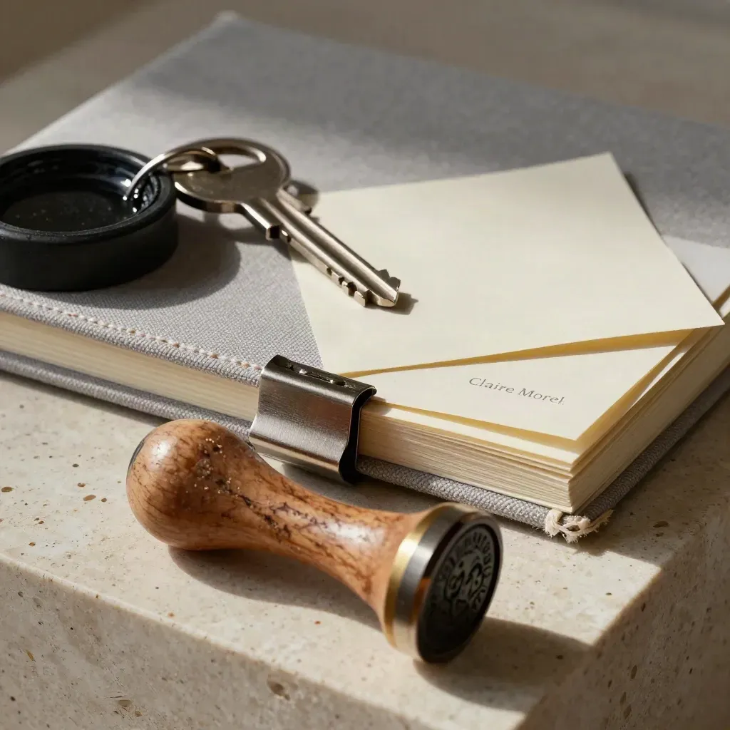 Gros plan dramatique d’un kit de stratégie de marque : carnet toile, index métal, encrier, papiers, cachet.