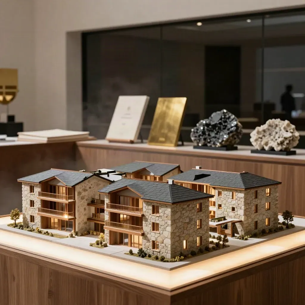 Salon de vente premium avec maquette immobilière et échantillons minéraux sous lumière dramatique.