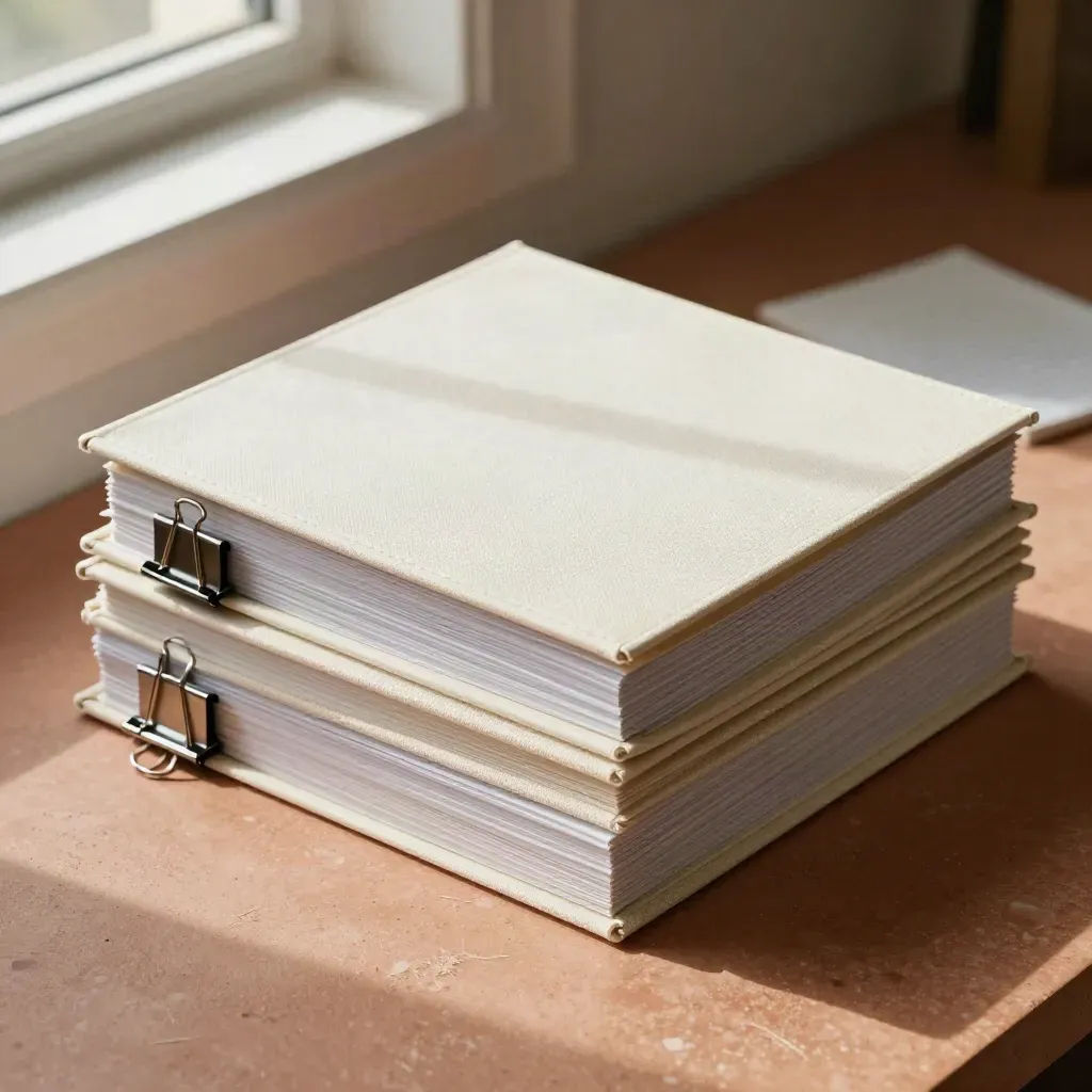 Dossier de marque en textile, clips et anneaux de reliure sur un plan de travail en travertin.
