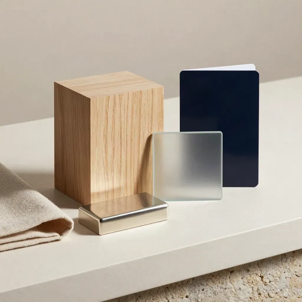 Échantillons de bois clair, tissu, métal et verre dépoli sur fond crème, accent bleu nuit.