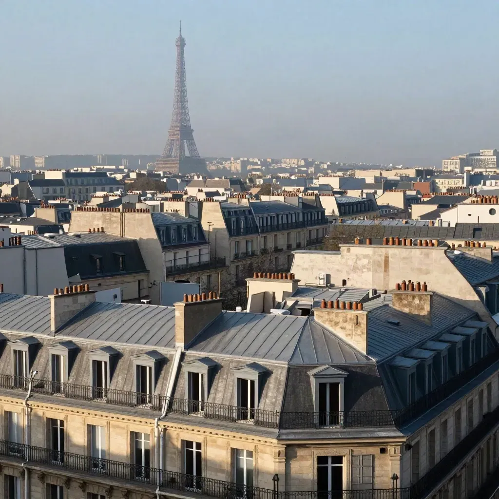 Toits haussmanniens de l’Île-de-France, tour Eiffel lointaine et brume matinale.