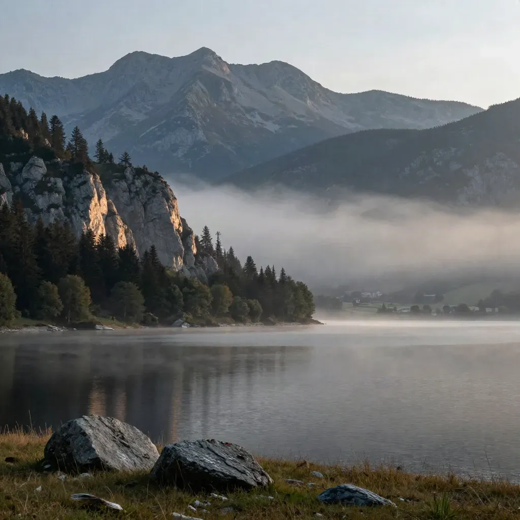 Vue alpine brumeuse depuis une rive haute, lac calme et crêtes émergeant à l’aube.