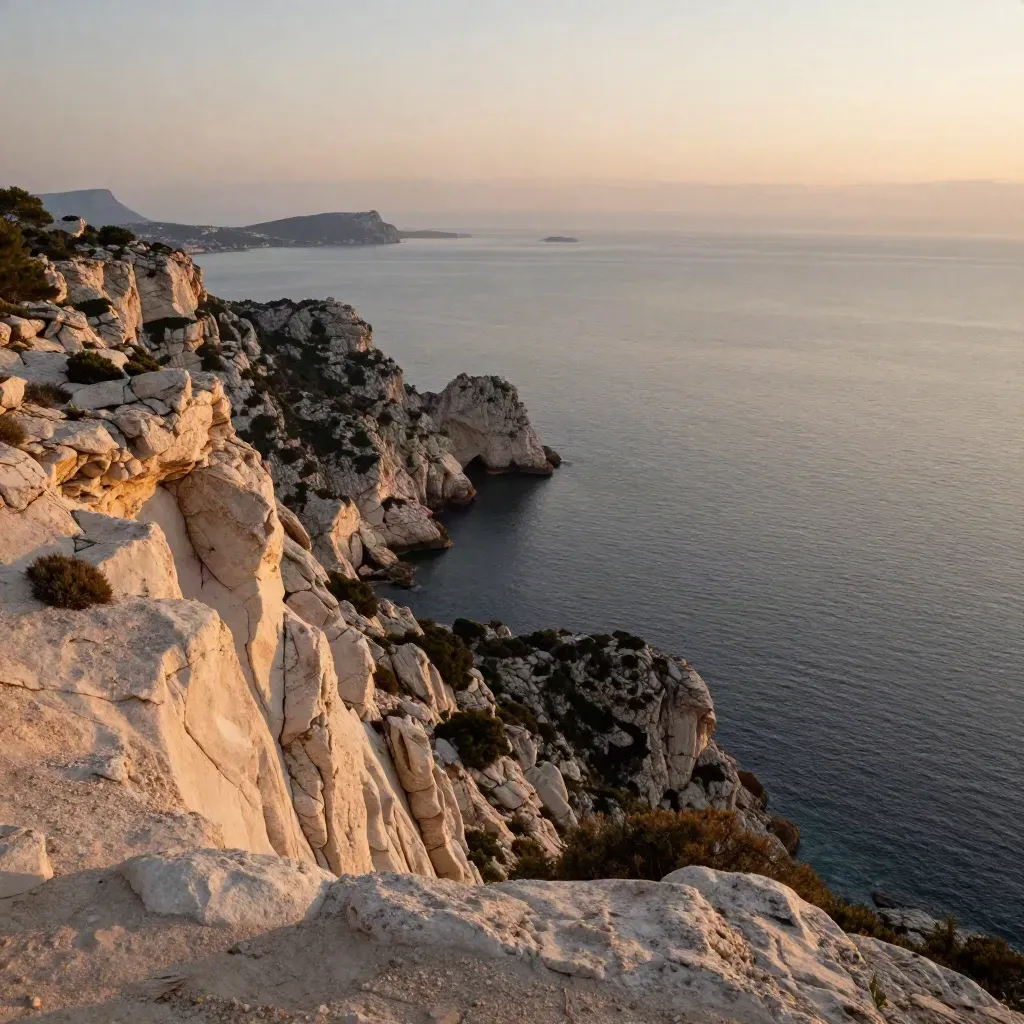 Calanques de Provence-Alpes-Côte d’Azur au crépuscule, falaises claires et mer calme.