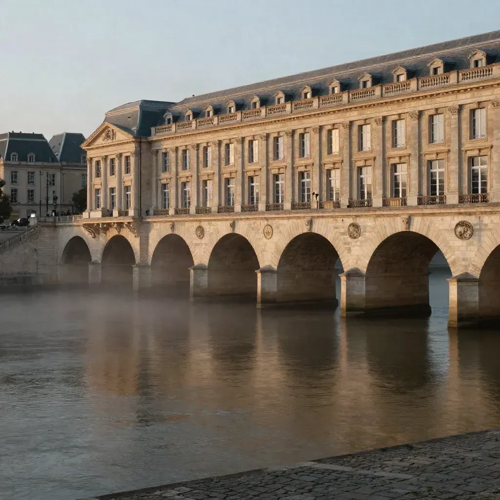 Le Pont de Pierre à Bordeaux au crépuscule, rive calme et façades blondes dans la brume.