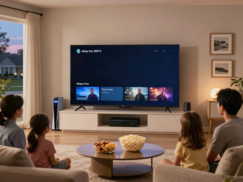Télévision à écran large dans un salon moderne regardant l'application atlas pro ONTV avec une ambiance chaleureuse